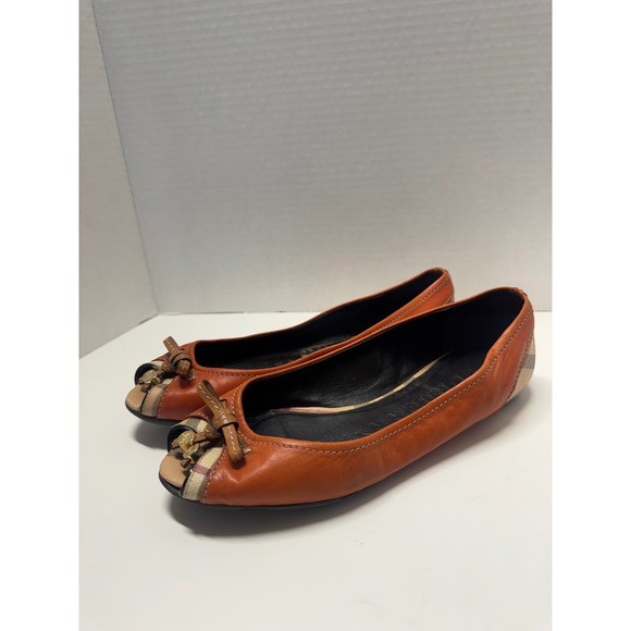 Burberry Shoes - Burberry Orange Leather Nova Check Peep Toe Ballet Flats Bow Charms Size 37 7